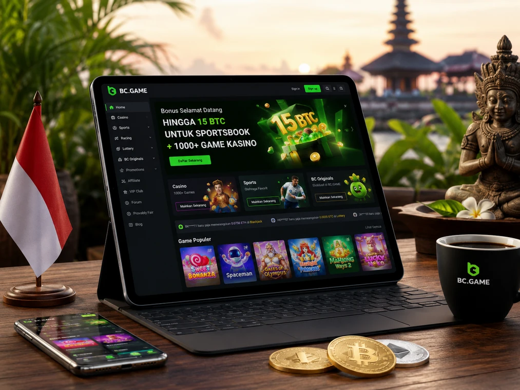 BC Game Indonesia website on a tablet device with Indonesian-inspired items